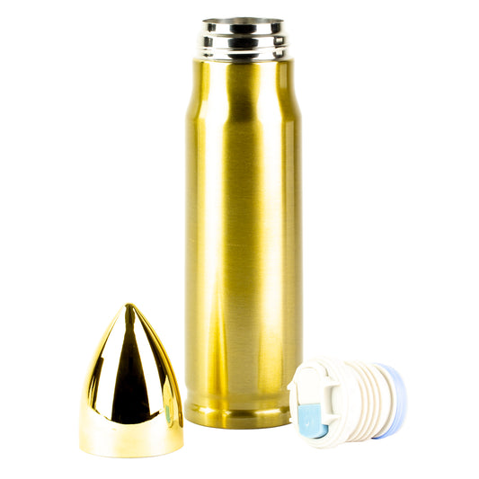Gold-colored water bottle with cap and filter on a white background