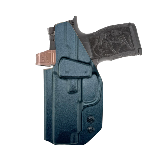 Blue gun holster with a gun inside on a white background