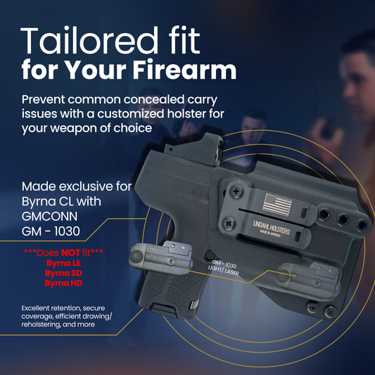 Holster for firearms with text about customization and features on a dark background