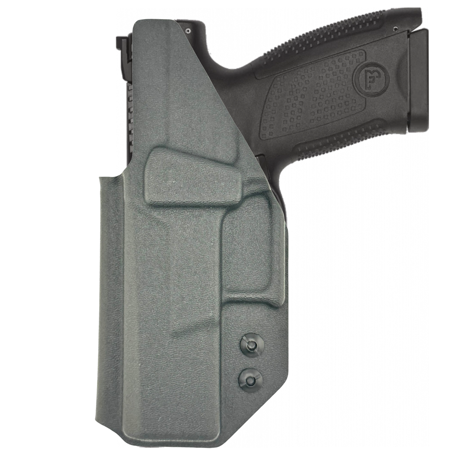 Black handgun in a gray holster on a white background