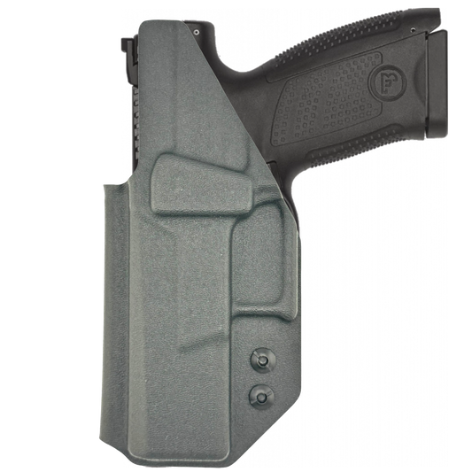 Black handgun in a gray holster on a white background