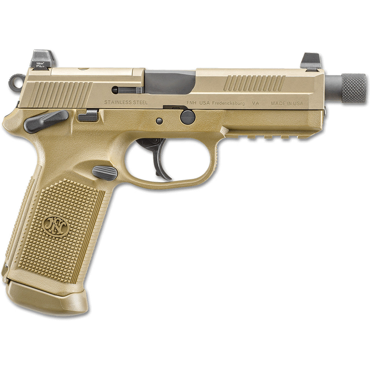 FNX 45 TACTICAL FIREARM IN FDE ON A WHITE BACKGROUND.