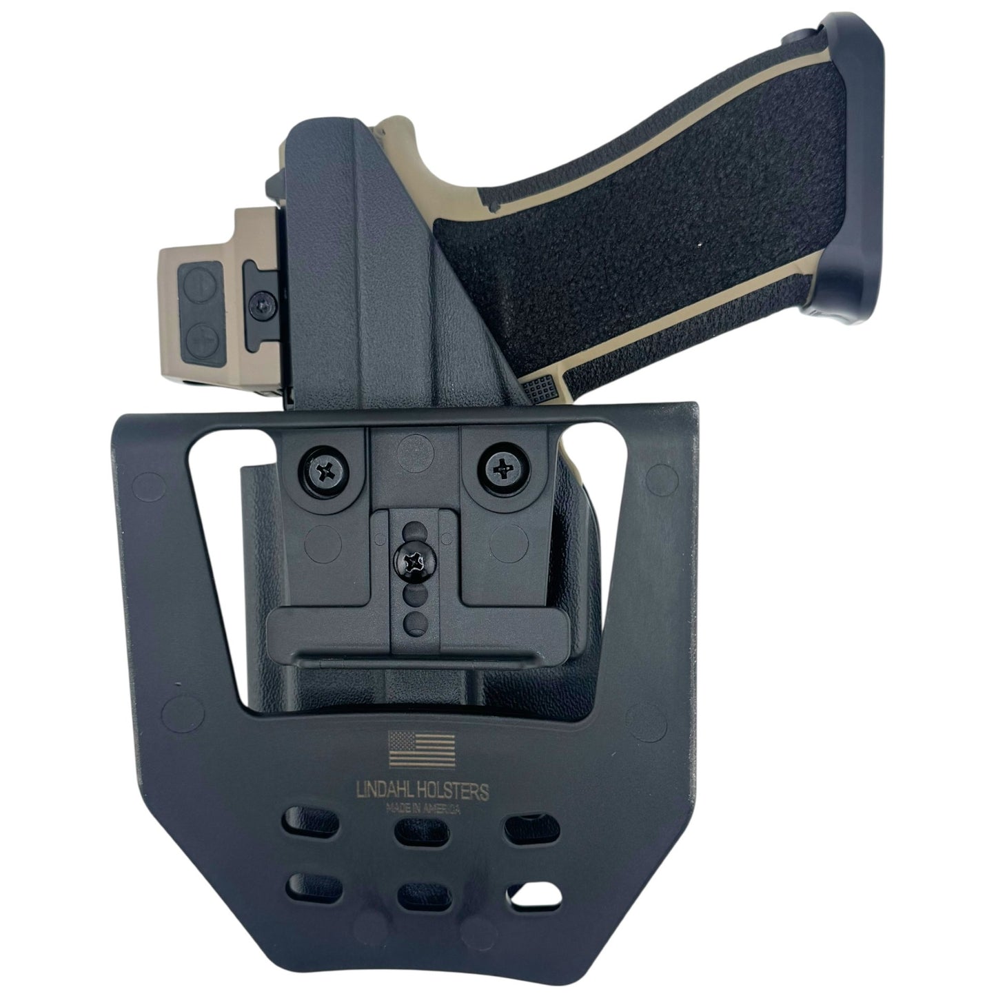 Black gun holster with a gun on a white background