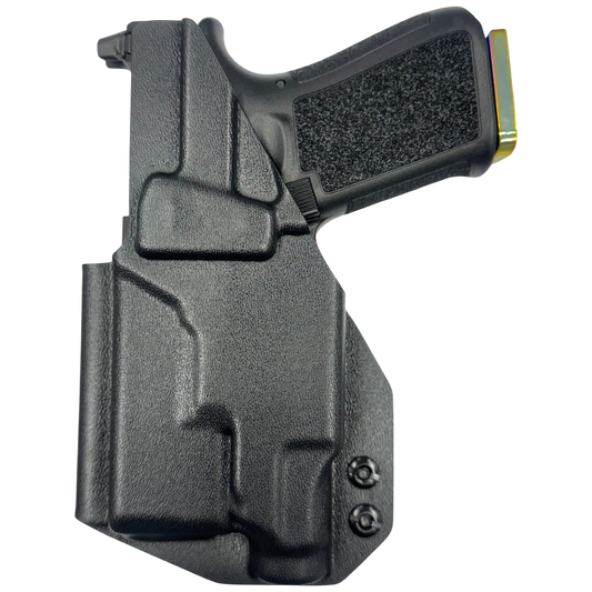 Black gun holster with a firearm on a white background