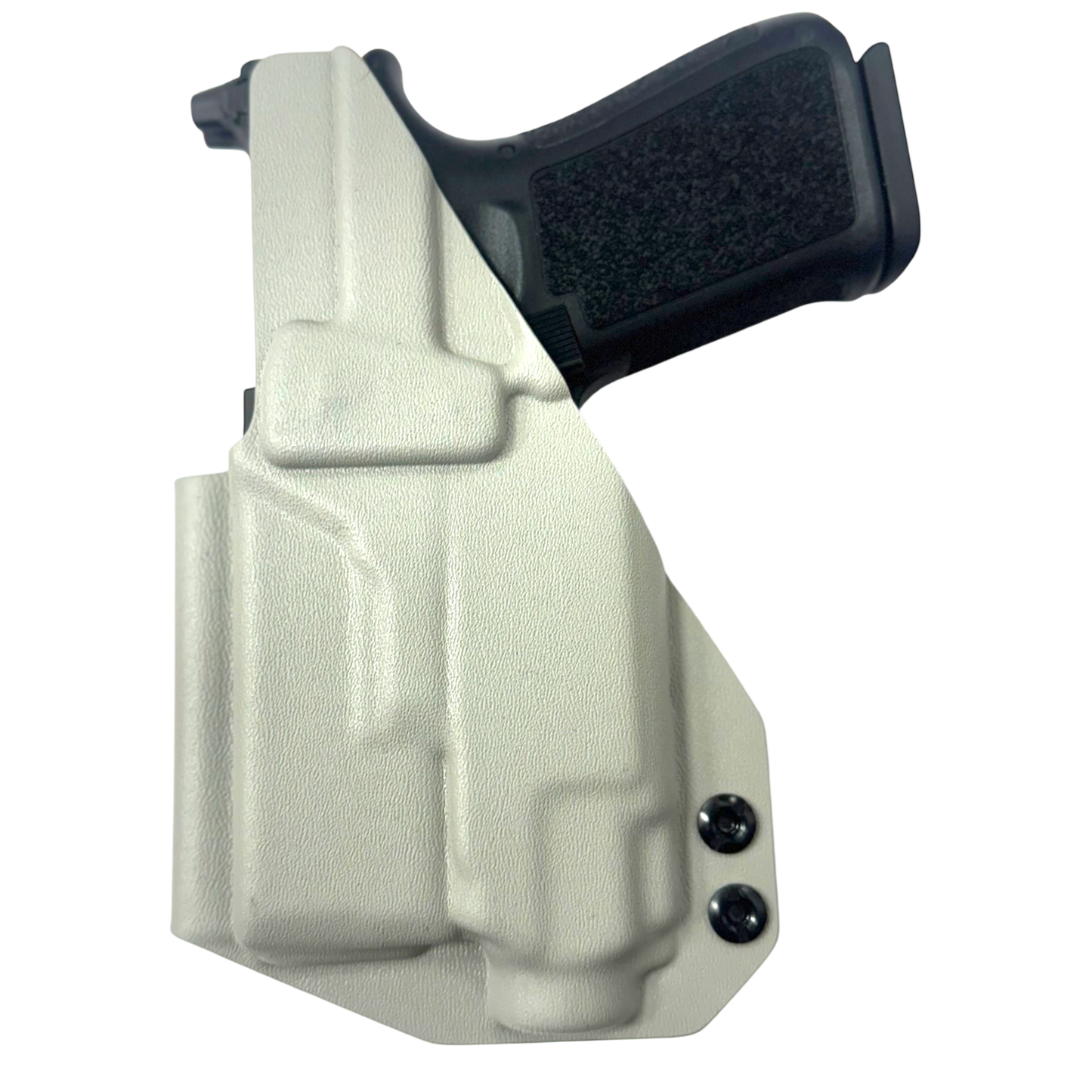 Beige holster with a black gun inside on a white background