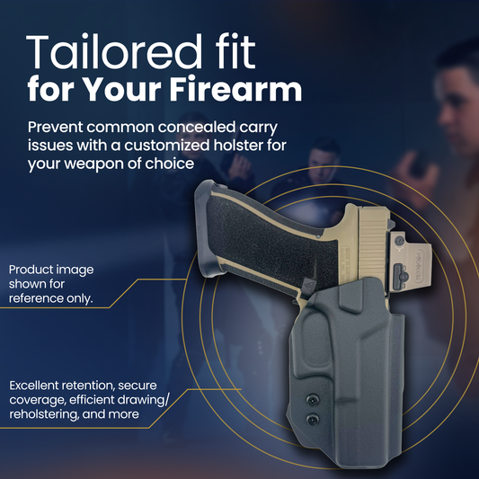 Holster for a firearm with text about customization and benefits on a dark background