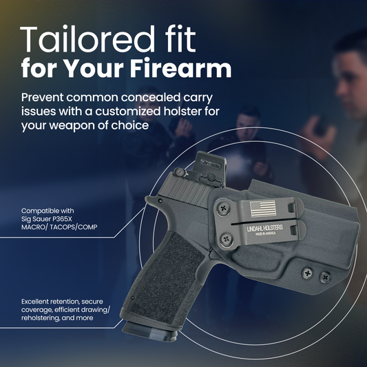 Gray holster with text about customizable holsters for firearms on a dark background