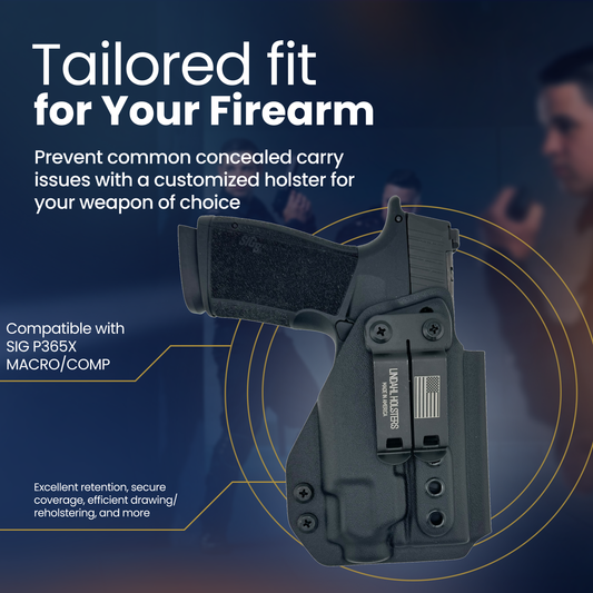 Customized holster for a firearm with text highlighting features and compatibility.