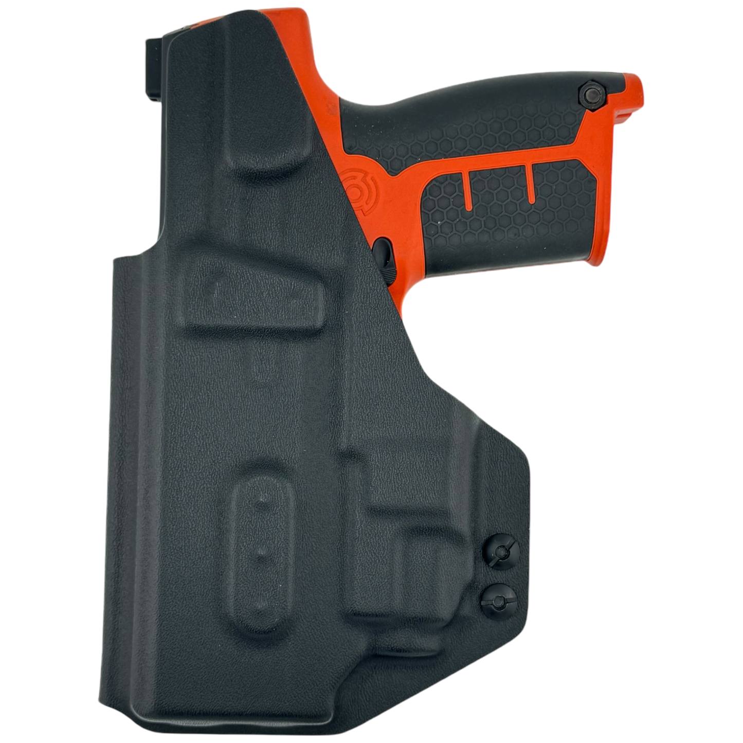 Black and orange gun holster on a white background