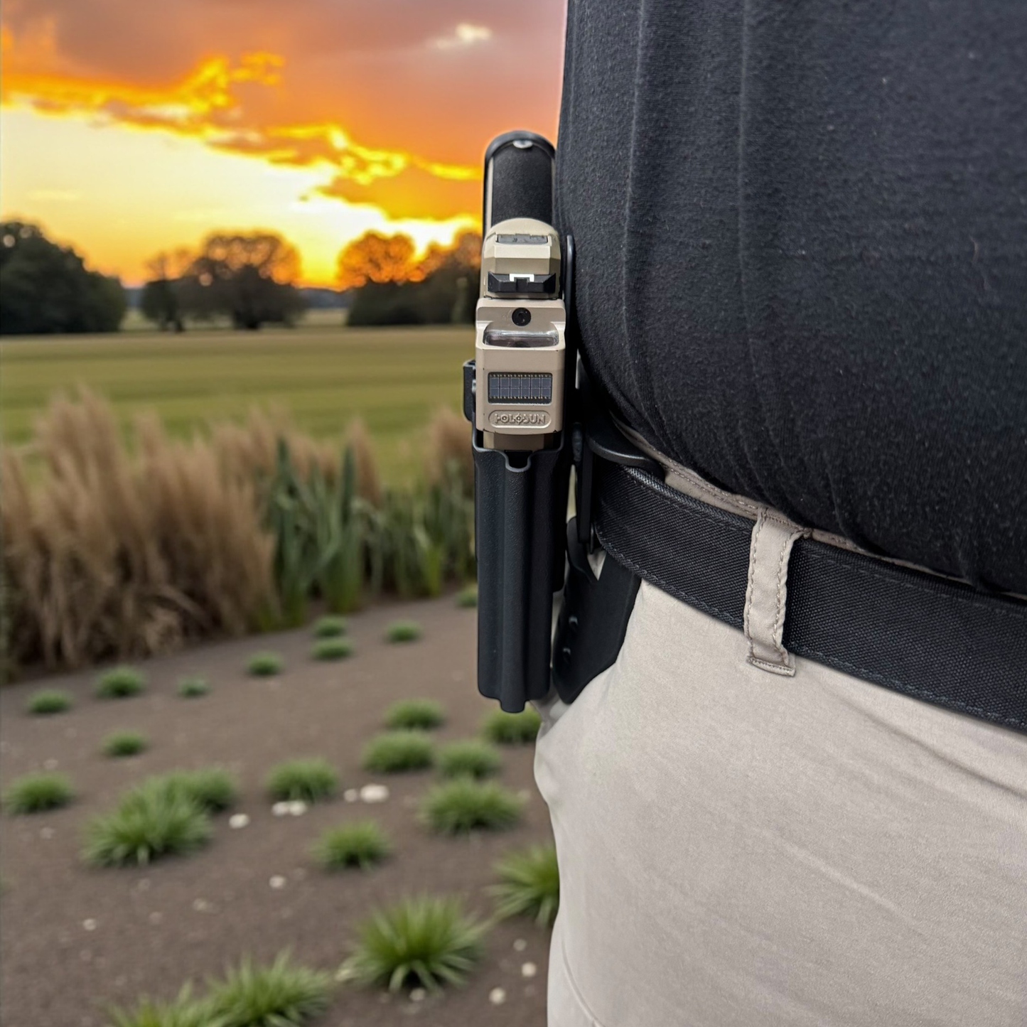 Person wearing a tactical knife on a belt with a sunset landscape in the background