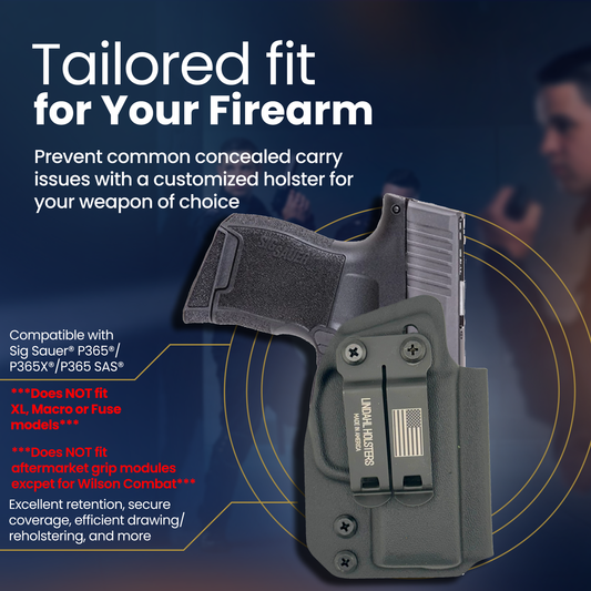 Gray holster with text on a dark blue background