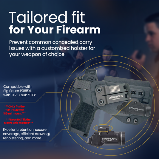 Customized holster for a firearm with text highlighting features and compatibility.