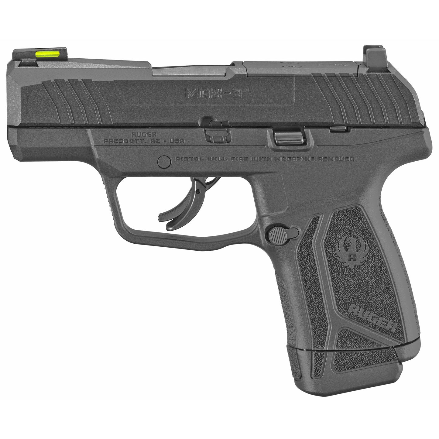 RUGER MAX 9 FIREARM IN BLACK ON WHITE BACKGROUND.