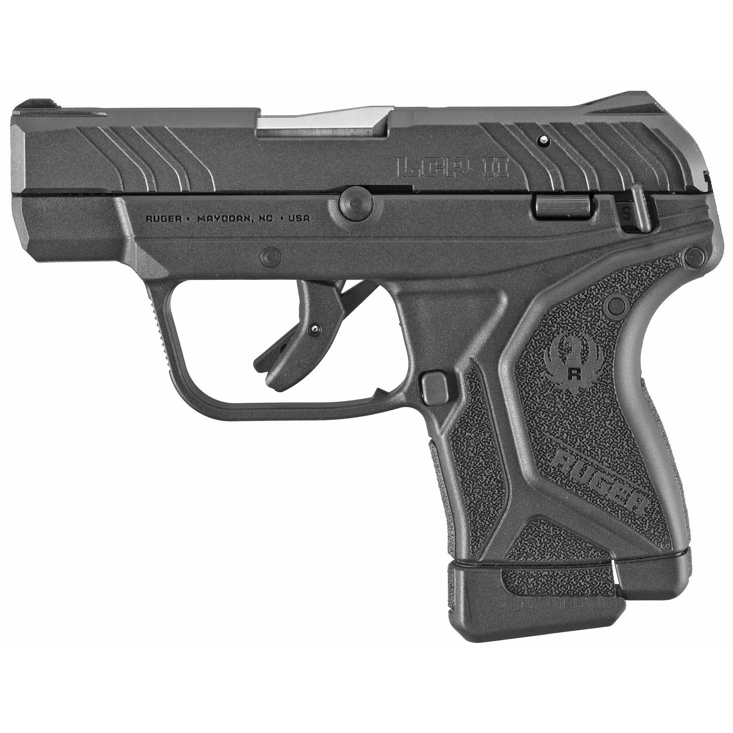 A BLACK RUGER LCP 2 FIREARM ON WHITE BACKGROUND.