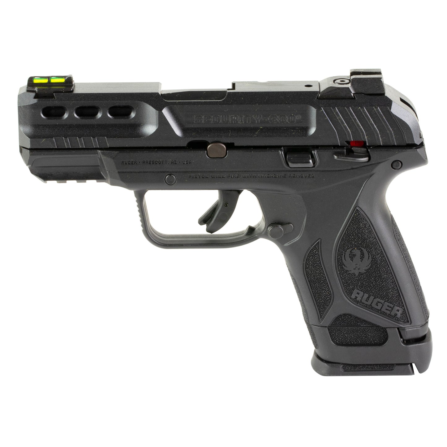 RUGER SECURITY .380 FIREARM IN BLACK ON A WHITE BACKGROUND.