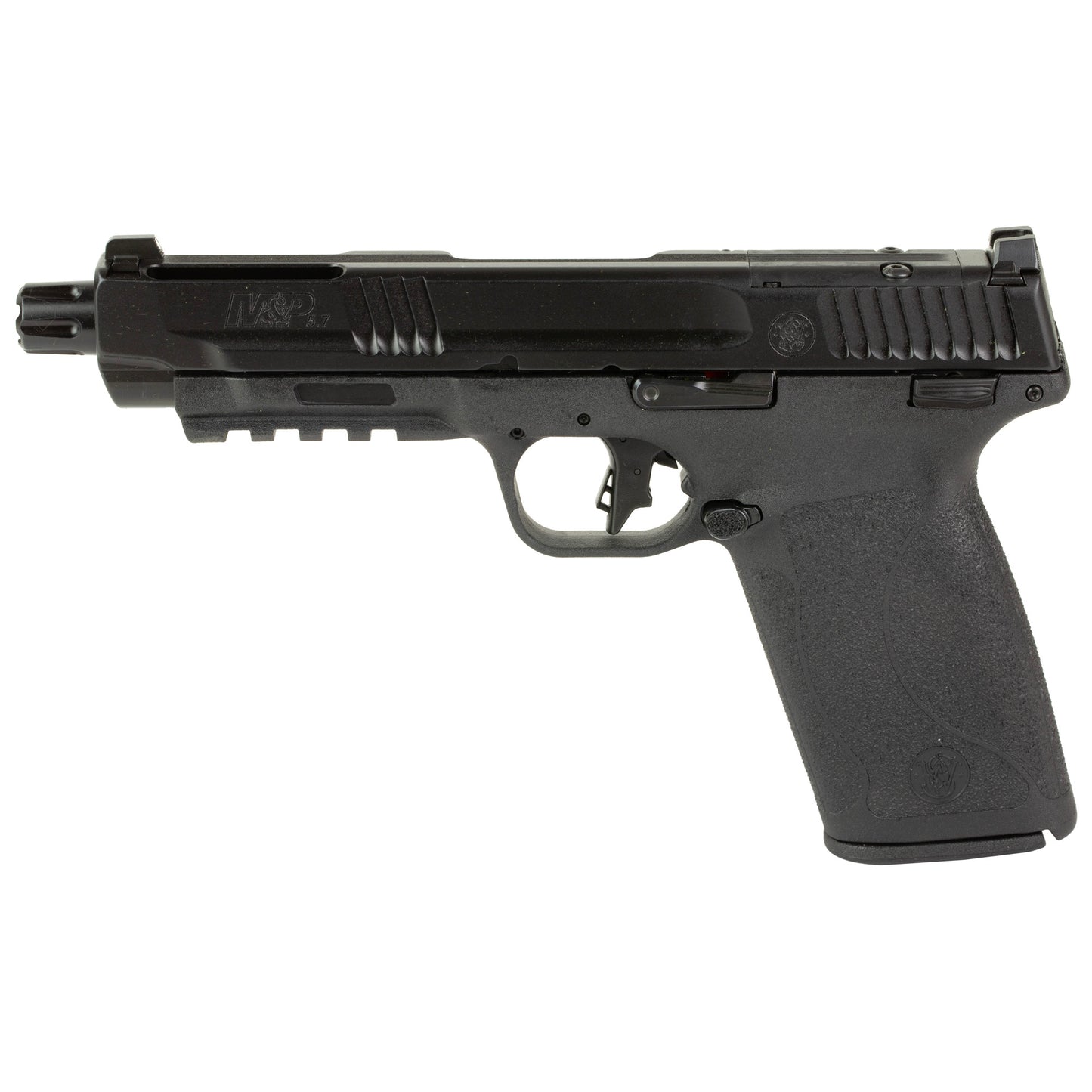SMITH & WESSON 5.7 BLACK FIREARM ON WHITE BACKGROUND.
