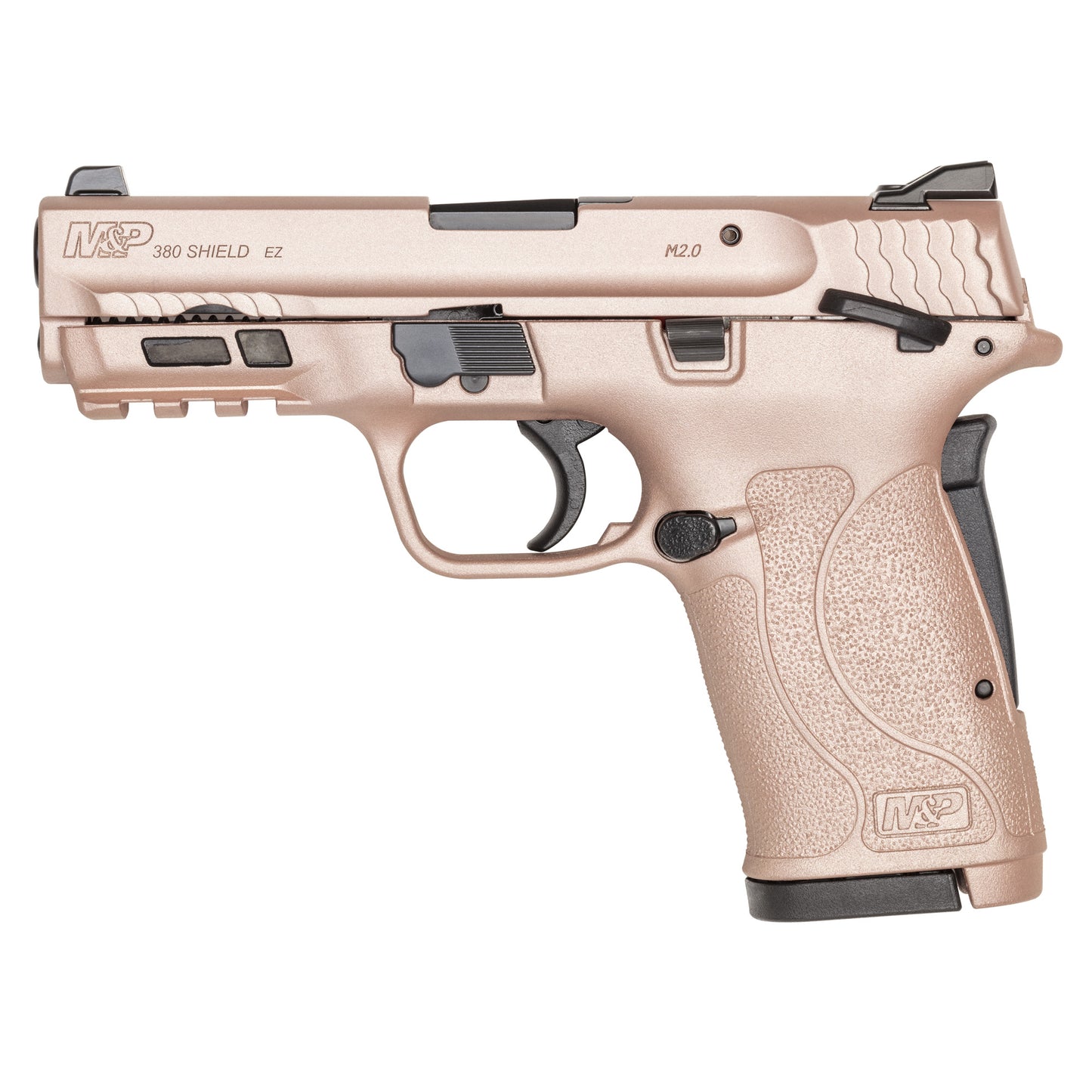 SMITH AND WESSON EZ 380 SHIELD IN ROSE GOLD ON WHITE BACKGROUND.