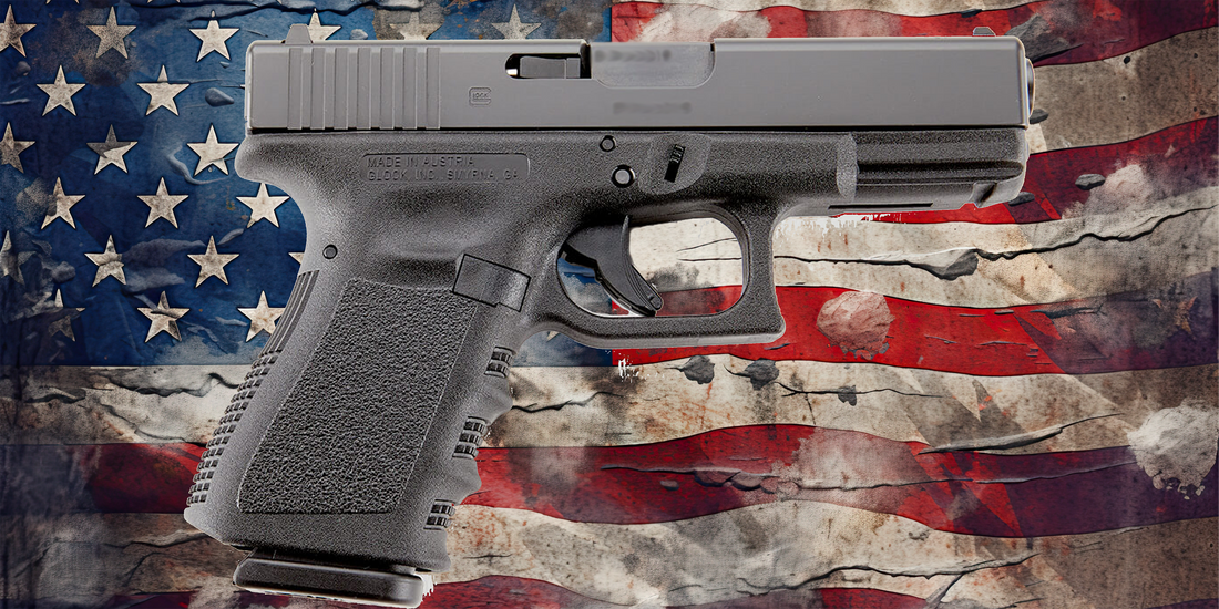 GLOCK 19 WITH AND AMERICAN FLAG IMAGE BEHIND IT.