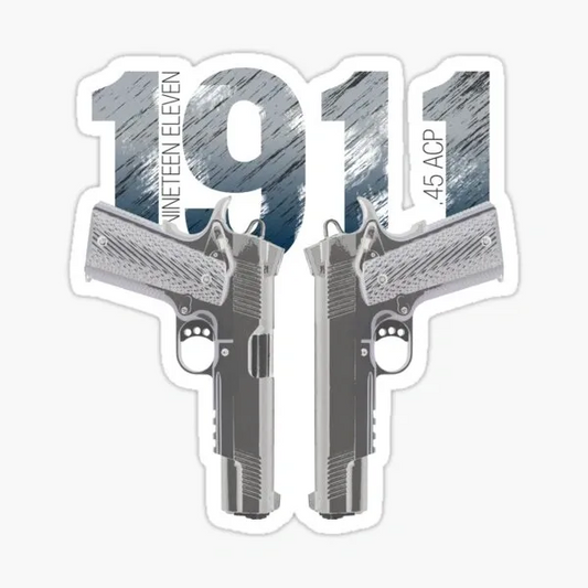 Design of two guns with '1911' and '45 ACP' text on a white background