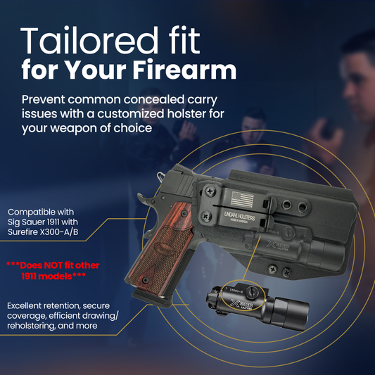 Customized holster for a firearm with text highlighting features and compatibility.