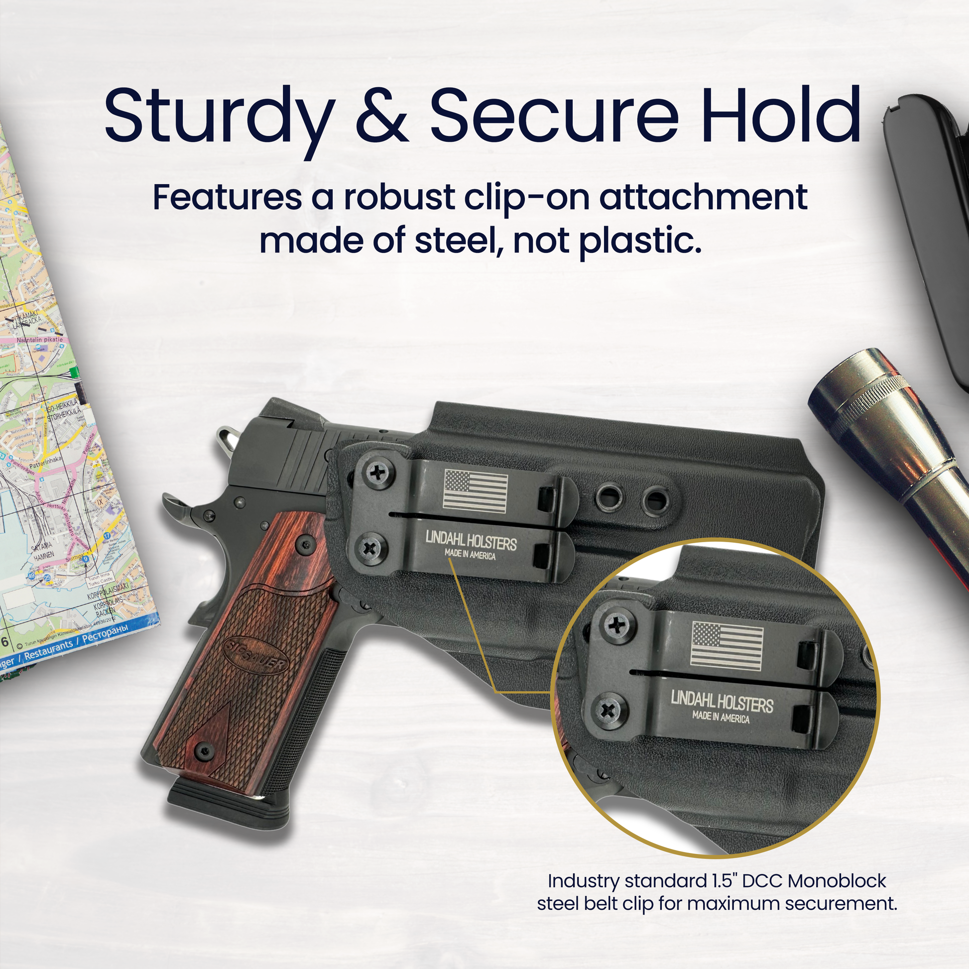 Gun with a robust clip-on attachment on a white background, featuring text about sturdiness and security.