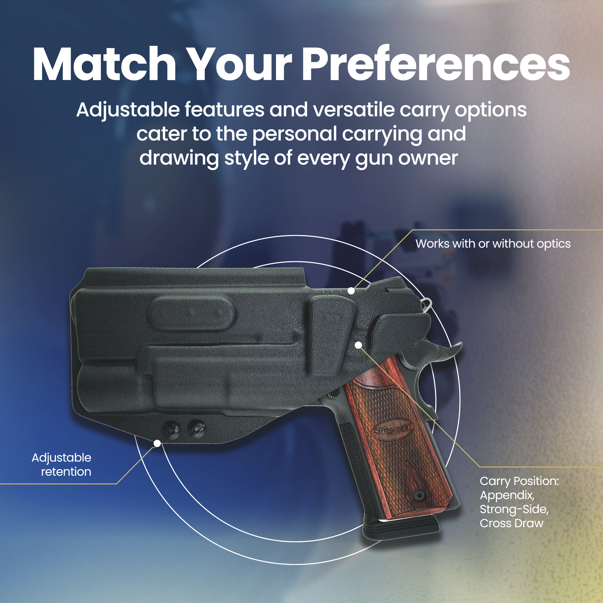 Black gun holster with adjustable features on a blue gradient background