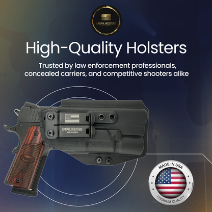 High-quality holster with a gun on a dark blue background, featuring the Lincoln Holsters brand.