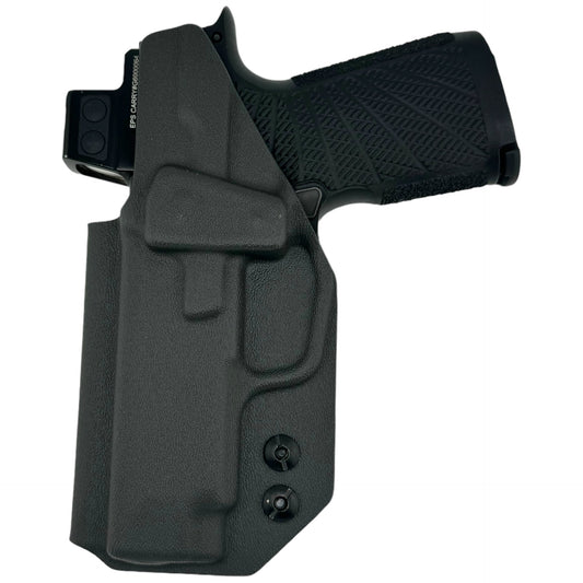 Black gun holster with a gun inside on a white background