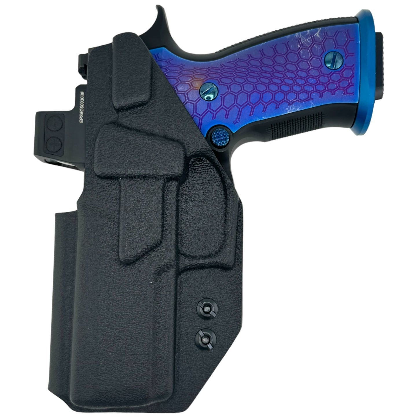 SIG SAUER P320 AXG IN A BLACK HOLSTER WITH BLUE GRIP PANELS.