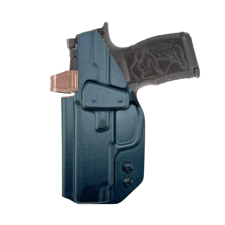 Blue gun holster with a gun inside on a white background