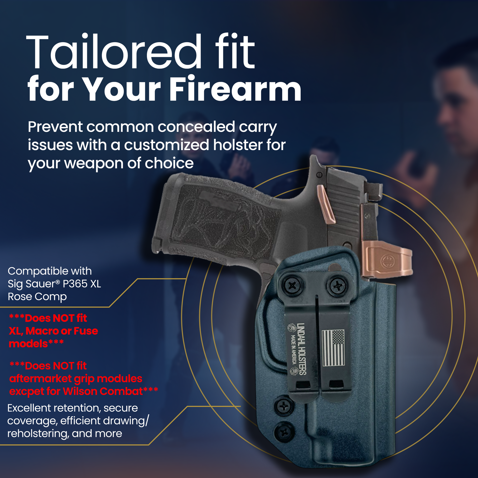 Holster for a firearm with text on compatibility and features against a dark background