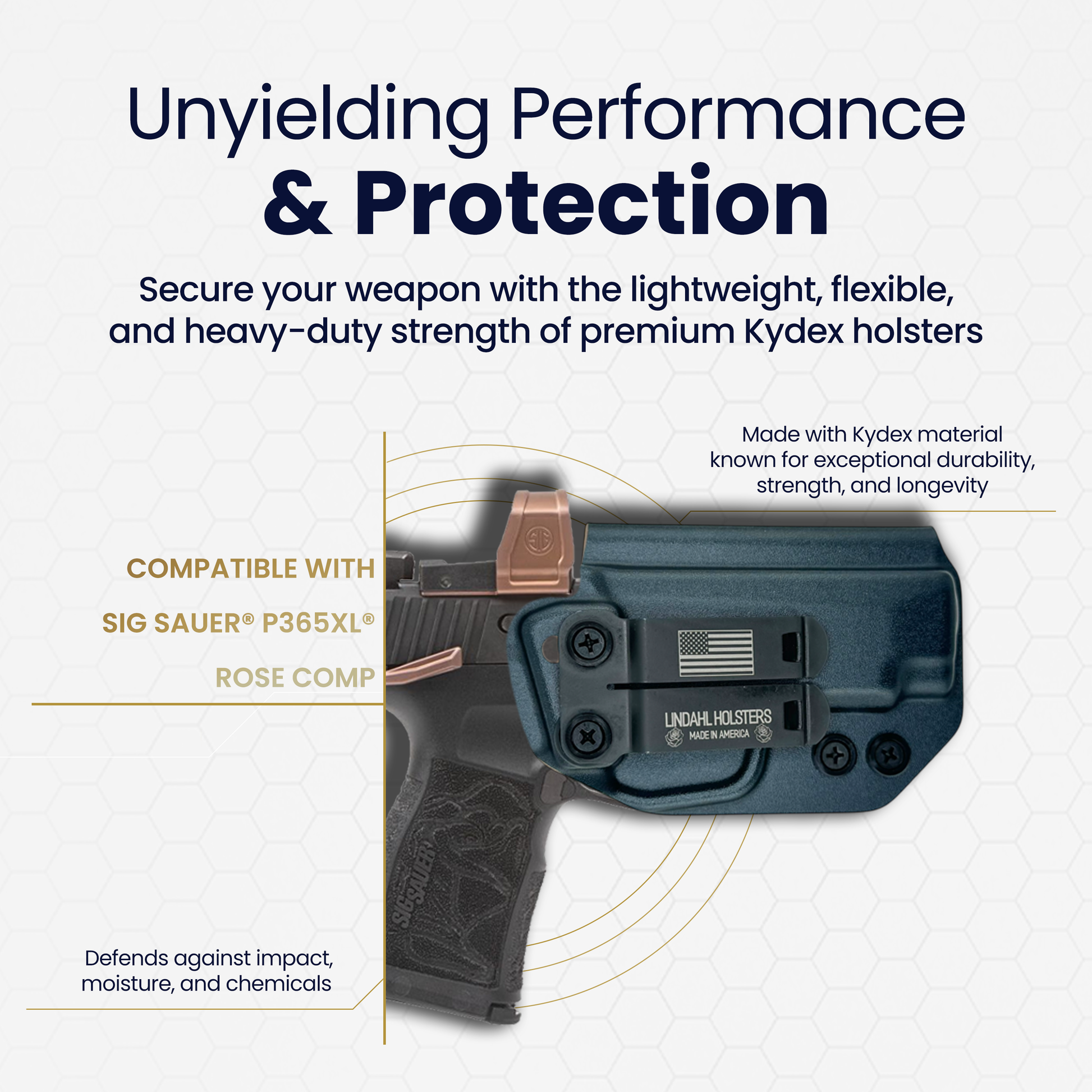 Kydex holster for SIG SAUER P365XL with text highlighting features on a white background