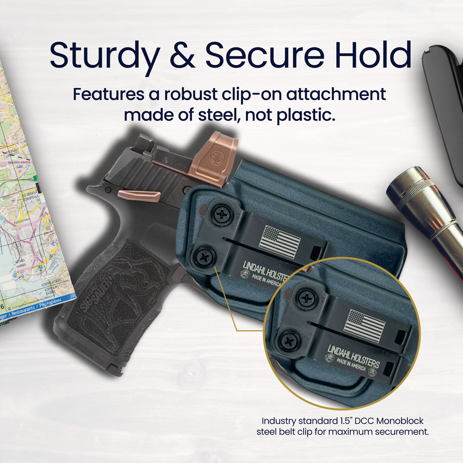 Holster with robust clip-on attachment on a white background, featuring text about sturdiness and security.