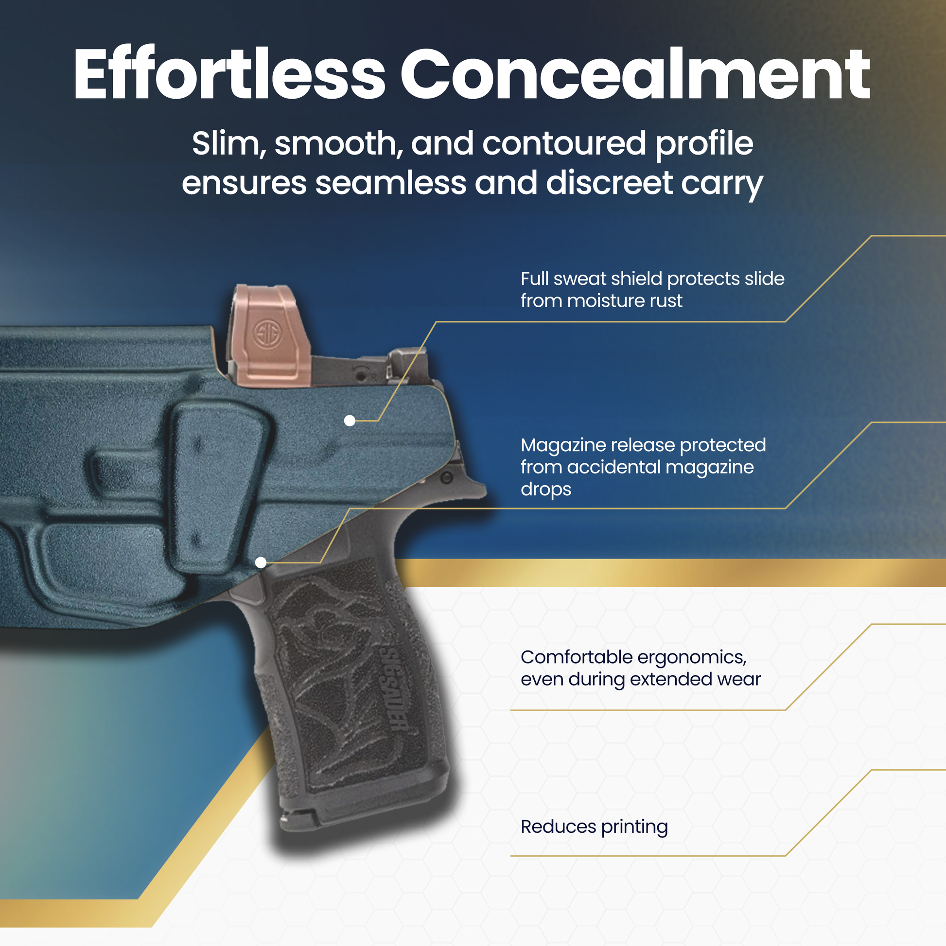 Glock handgun with holstered magazine on a blue and white background, highlighting features like 'Effortless Concealment'.