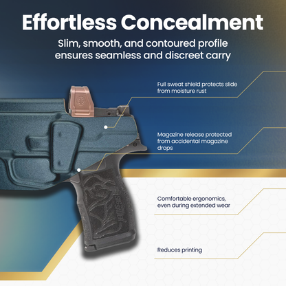 Glock handgun with holstered magazine on a blue and white background, highlighting features like 'Effortless Concealment'.