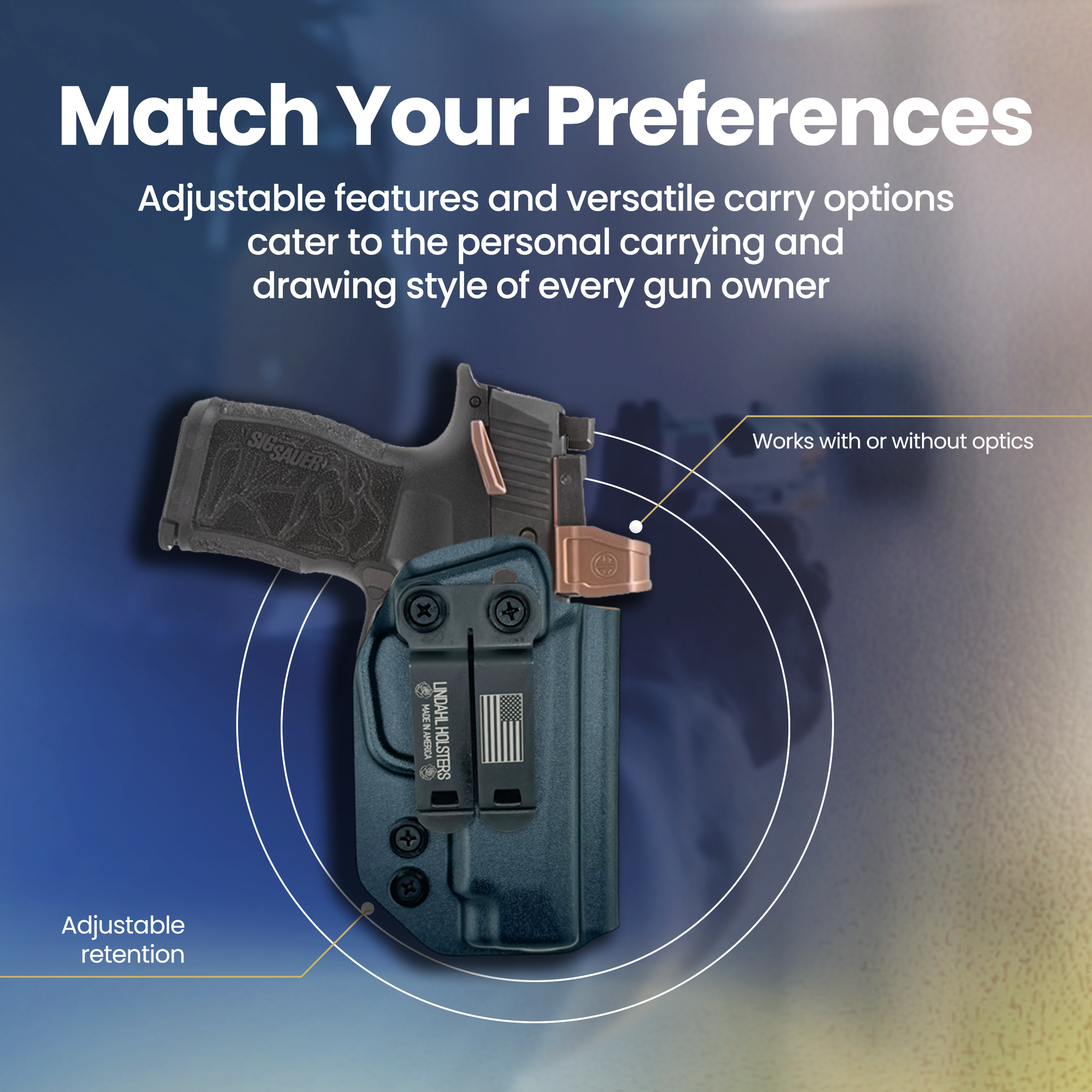 Pistol with holster on a gradient blue and gray background, featuring text about adjustable features and versatile carry options.