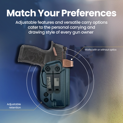 Pistol with holster on a gradient blue and gray background, featuring text about adjustable features and versatile carry options.