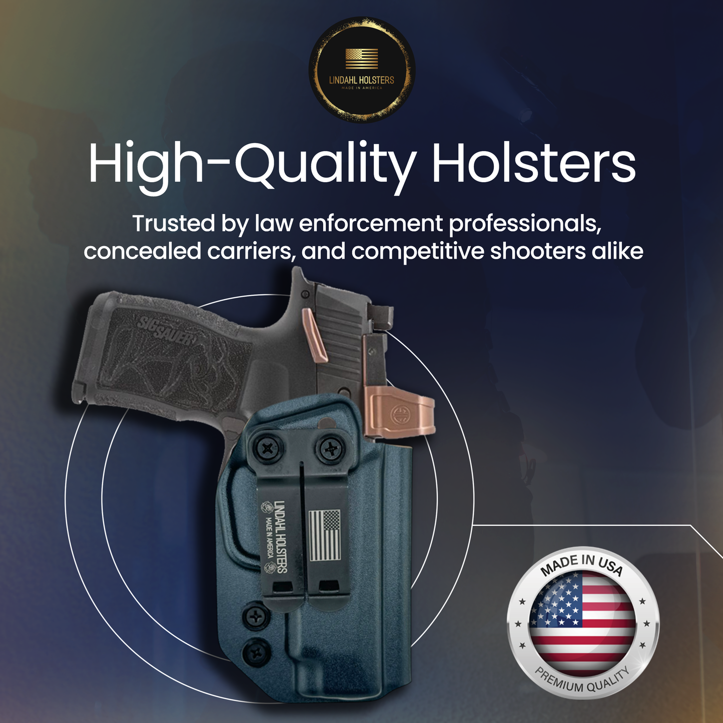 High-quality holster with a gun on a dark blue background, featuring Lincoln Holsters branding.