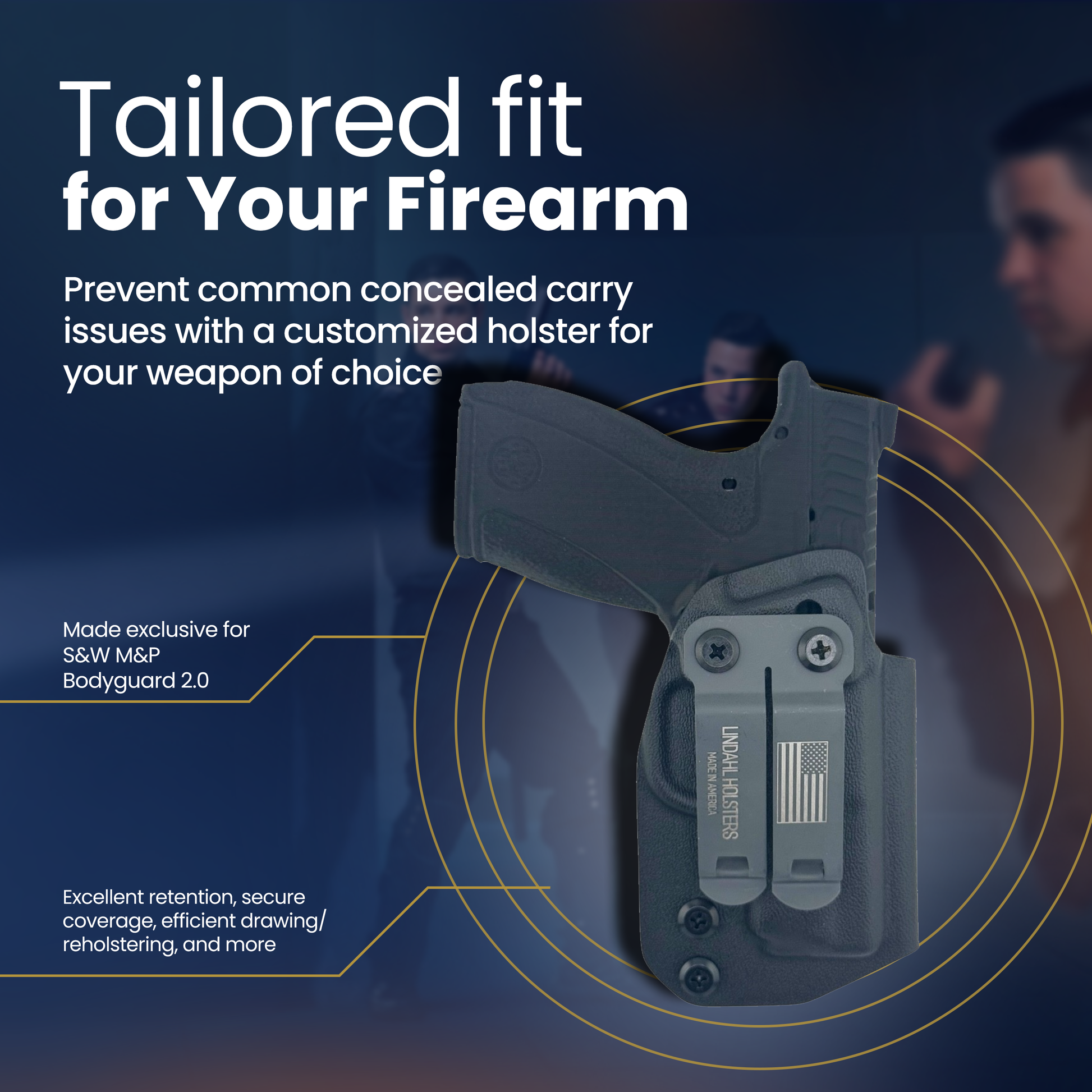 Customized holster for S&W M&P Bodyguard 2.0 with text on a dark background