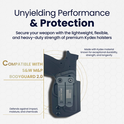 Kydex holster for S&W M&P Bodyguard 2.0 with text about performance and protection on a light gray background.