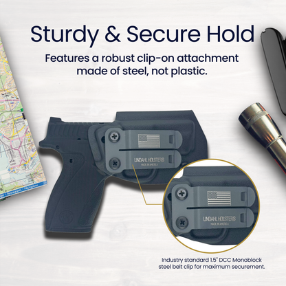 Gun holster with robust clip-on attachment on a white background