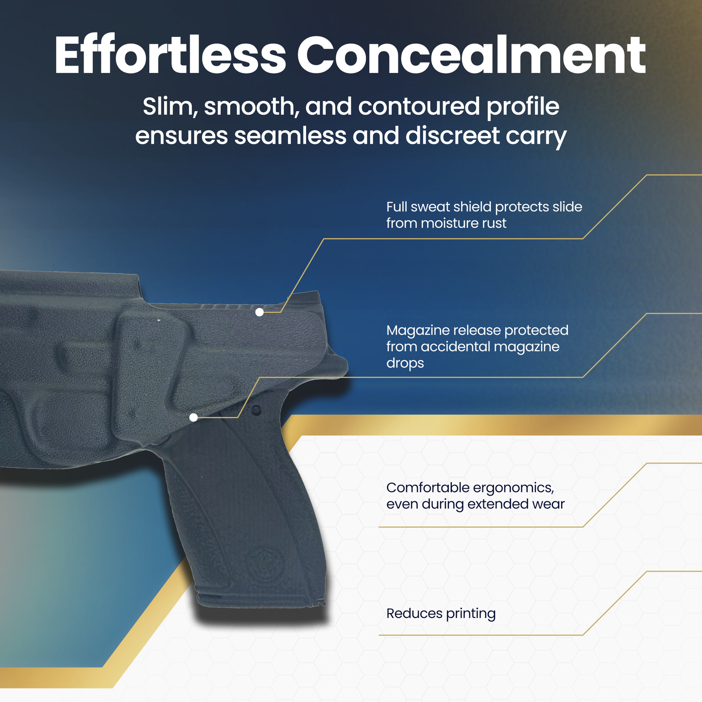 Weapon with features highlighted on a blue and white background