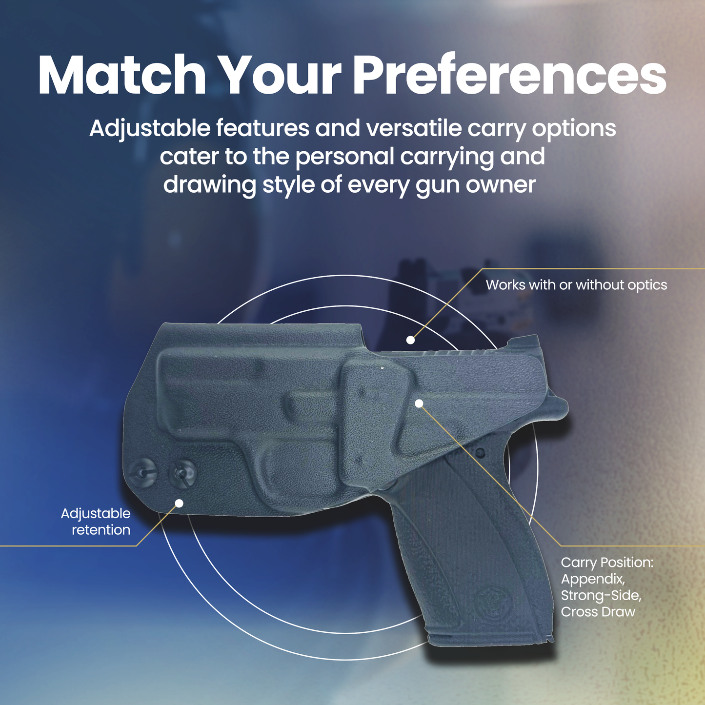 Holster with adjustable features on a blue gradient background