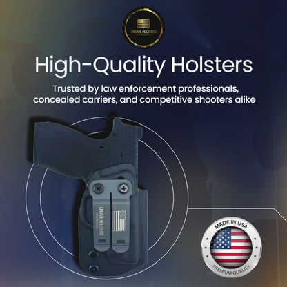 High-quality holster with branding and text on a dark background