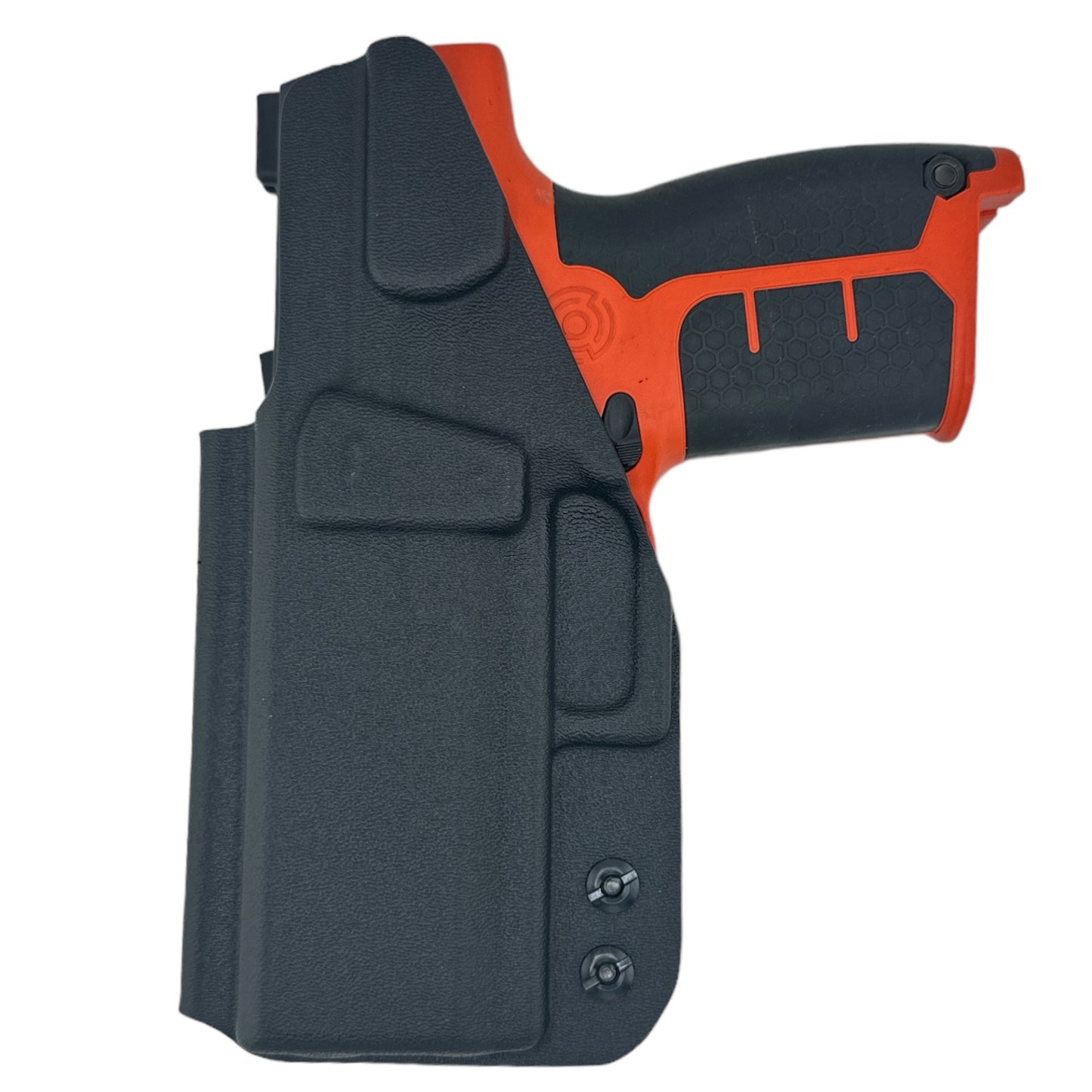 Black and orange gun holster on a white background
