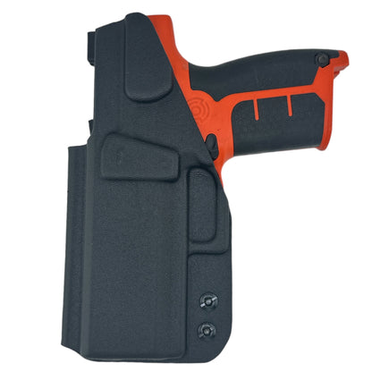 Black and orange gun holster on a white background