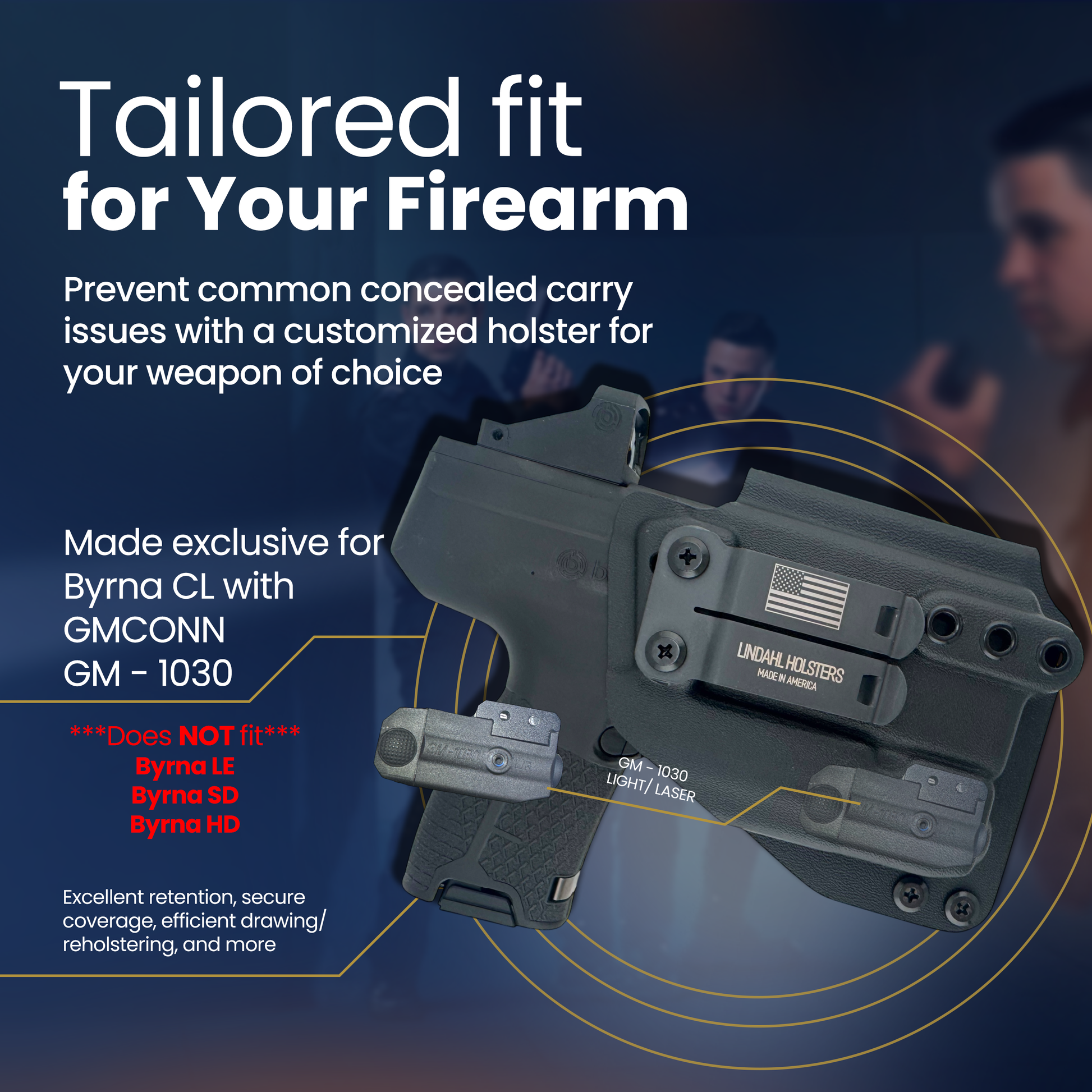 Holster for firearms with text about customization and features on a dark background