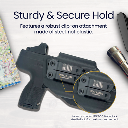 Lundal Holsters clip-on attachment with text highlighting sturdiness and security on a white background.