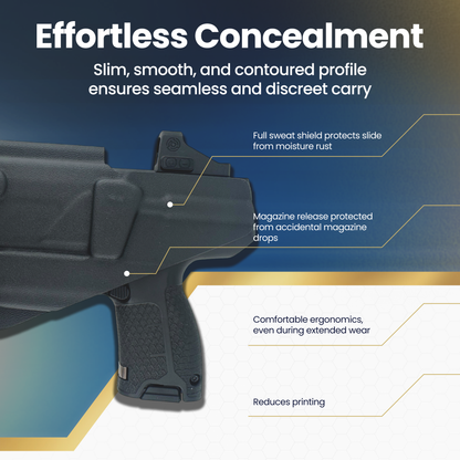 Black firearm with features highlighted on a blue and white background