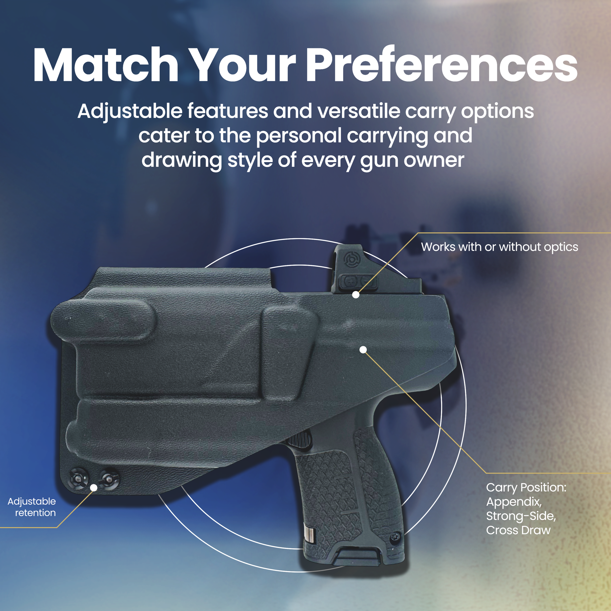 Holster with adjustable features on a blue gradient background